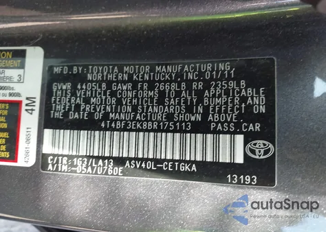2011 Toyota Camry Xle z USA, uszkodzony, nr VIN 4T4BF3EK8BR175113
